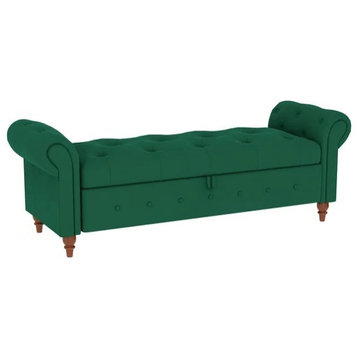 Vintage Storage Bench, Button Tufted Velvet Fabric Seat With Rolled Arms, Green