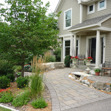 Front Paver Sidewalk with Sitting Area and Dry Stream