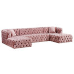 Meridian Furniture - Coco Velvet Upholstered 3pc. Sectional, Pink - Make room for the whole gang when you add this Coco velvet three-piece sectional to your living room, den or family room. This beautiful sectional features soft pink crushed velvet upholstery covering every surface for a look that's sumptuously affluent and elegant. Deep button tufting on the front, sides and back of this sectional sofa give it an upscale look while adding to its resilient form. Deep seats and a generous size make this sectional extra inviting for binge watching TV or taking long, restful naps.