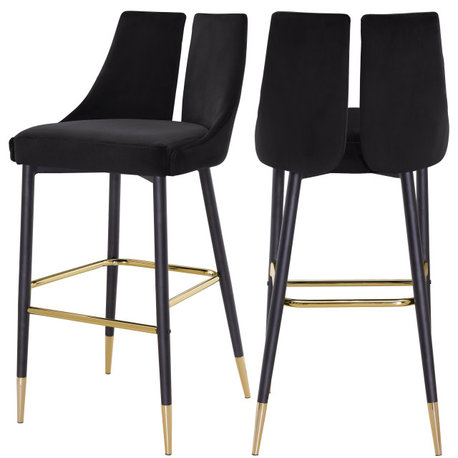 Sleek Velvet Upholstered Bar Stools With Matte Black Metal Legs, Set of 2, Black