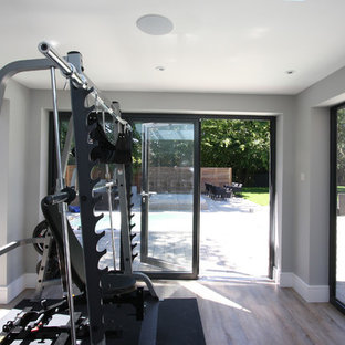 他の地域のコンテンポラリースタイルのおしゃれなホームジム (グレーの壁、合板フローリング) の写真