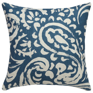 Paisley Printed Linen Pillow With Feather-Down Insert, Navy Blue
