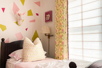 Bedroom - mid-sized transitional guest carpeted bedroom idea in Boston with pink walls