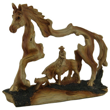 The Wrangler Cowboy In Horse Faux Carved Wood Openwork Statue