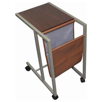 Fabric And Metal Laptop Cart With Wooden Top, Gray And Brown