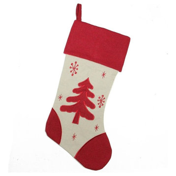 18" White and Red Tree With Snowflakes Rustic Christmas Stocking With Red Cuff
