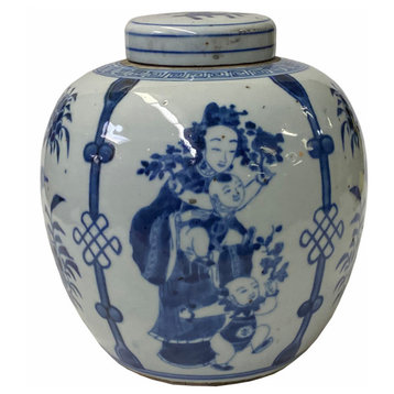 Hand-paint Family Graphic Blue White Porcelain Ginger Jar Hws1747