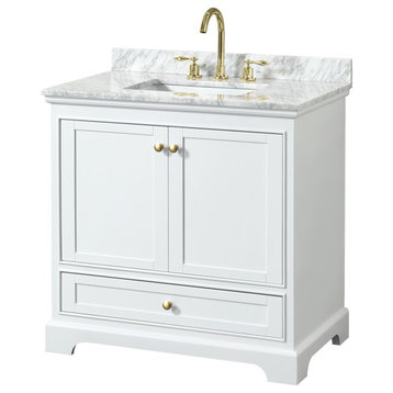 Deborah 36" White SGL Vanity, Carrara Marble Top, Sq. Sink, Gold Trim