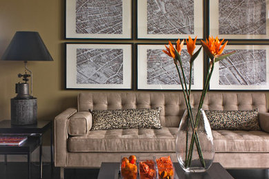 Inspiration for a small contemporary open concept dark wood floor living room remodel in Toronto with beige walls, a standard fireplace and a tile fireplace