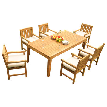 7-Piece Outdoor Teak Dining Set, 86" Rectangle Table, 6 Devon Arm Chairs