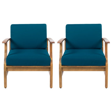 GDF Studio Pearl Outdoor Teak Acacia Wood Club Chairs With Cushion, Blue, Set of 2