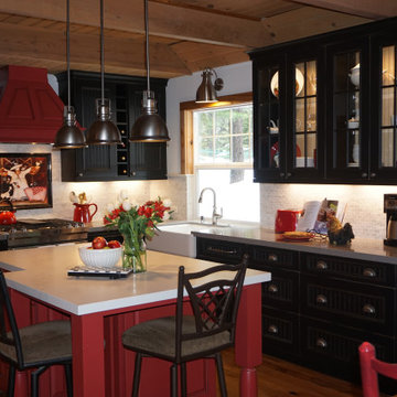 Whimsical Tahoe Cottage - Brookhaven black painted/distressed bead board cabinet