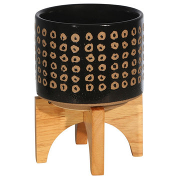 Benzara BM263802 Planter With Wooden Stand and Abstract Design, Small, Black