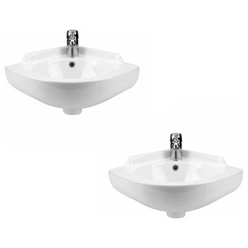 Small Corner Wall Mount Sink Bathroom White Ceramic Bowl with Overflow Pack of 2