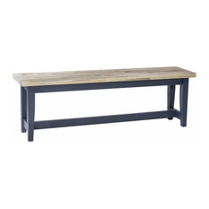 Traditional Dining Bench, Solid Wood With Navy Blue Finished Legs, Limed Seat