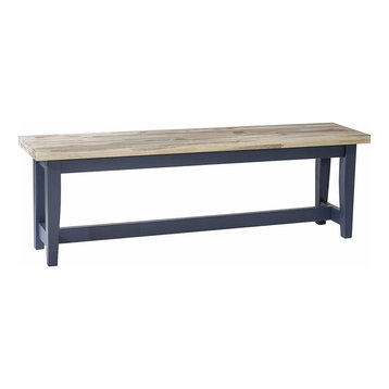 Traditional Dining Bench, Solid Wood With Navy Blue Finished Legs, Limed Seat
