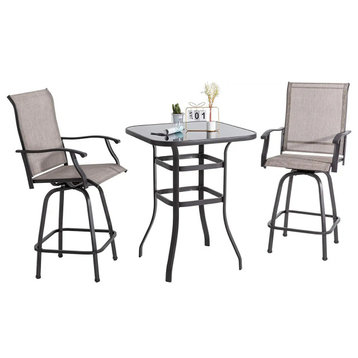 3 Pieces Patio Bistro Set, Glass Table With 2 Swiveling Breathable Stools, Brown