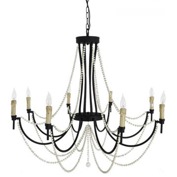 Percy Chandelier, 8-Light, Rusty Black, Distressed Ivory Wooden Beads, 41"W