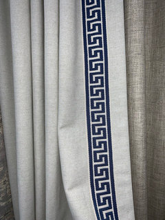 Blue Silk Linen Curtains with Greek Key Trim Blue and Ivory from