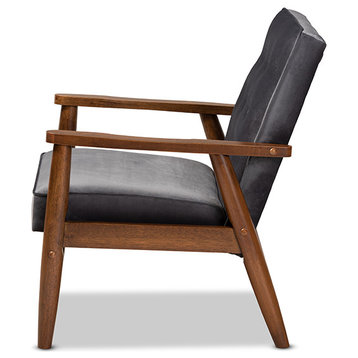 Sorrento Gray Velvet Fabric Upholstered Walnut Finished Wooden Lounge Chair