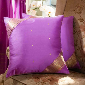 Lavender- 2  handcrafted Sari Cushion Cover, Throw Pillow Case 18" X 18"