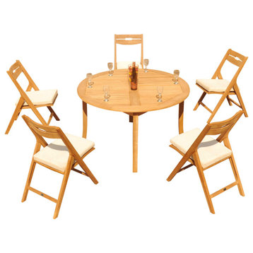 6-Piece Outdoor Teak Dining Set: 52" Round Table, 5 Surf Folding Arm Chairs