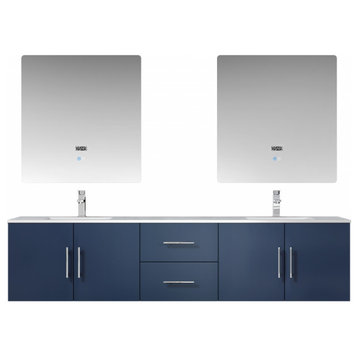 80" Double Sink Bathroom Vanity, Wall Mount, Navy Blue, Base Cabinet With Carerra White Top and Matching Mirror
