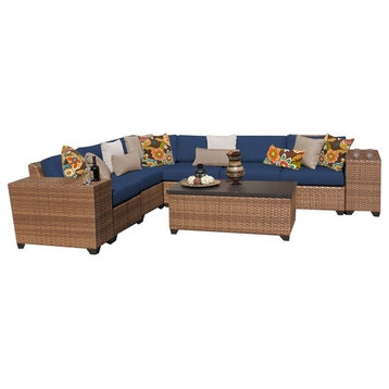 Bowery Hill 9 Piece Traditional Wicker/Fabric Patio Sectional Set in Navy Blue
