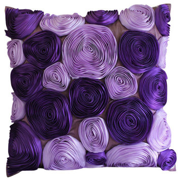 Purple Art Silk 16"x16" Ribbon Purple Flower Pillows Cover, Violet Blooms
