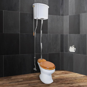 High Tank Toilet Elongated Z-Pipe, Ceramic, White, Chrome
