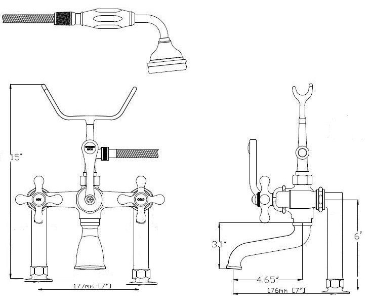 Clawfoot Tub Faucet, Hand-Held Shower, 6" Deck Mount Risers ...