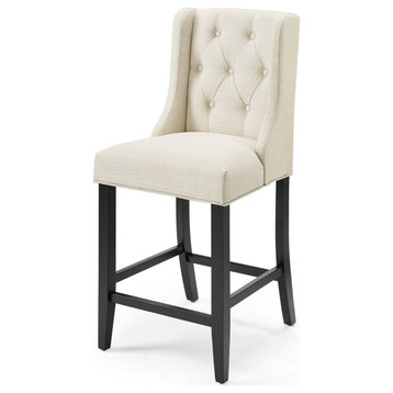 Tufted Counter Stool Chair, Fabric, Wood, Beige, Bar Pub Cafe Bistro Restaurant