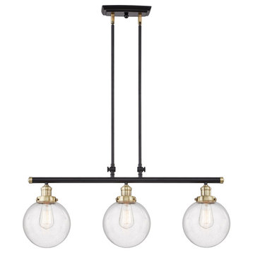 3 Light Island in Black  W/Antique brass with Clear Seedy Glass