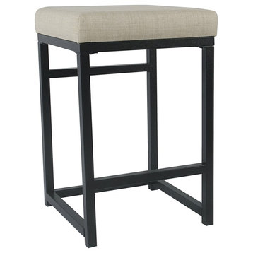 Open Back Metal Counter Stool With Fabric Upholstered Padded Seat, Beige & Black