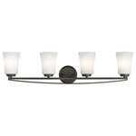 Kichler Lighting - Tao 4-Light Bath Vanity Brushed Nickel Satin Etched Cased - Shade Included: Yes  Are bulbs included? No Type/Wattage of bulbs: 75W A19 Hardwire or Plue? Hardwire Number of bulbs used? 4 UL Listing: N/A