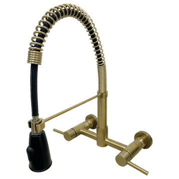 Gourmetier 2-Handle Wall Mount Pull-Down Kitchen Faucet, Brushed Brass
