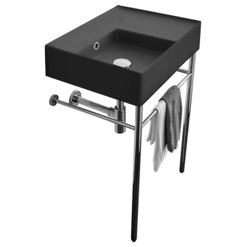 Matte Black Ceramic Console Sink and Polished Chrome Stand, No Hole