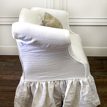 Custom Linen Slip Covered Vintage Petite Sofa in Toile