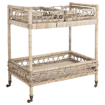 Safavieh Ambrose 2 Tier Rattan Bar Cart in Gray Wash and Antique Brass
