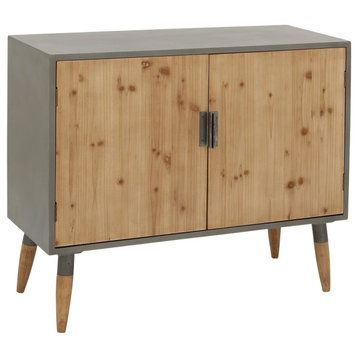 Modern Storage Cabinet, Angled Legs With Gray Top & 2 Natural Wooden Doors