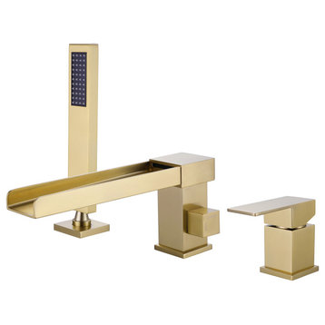 Single Handle Deck Mounted Roman Tub Faucet With Handshower, Brushed Gold