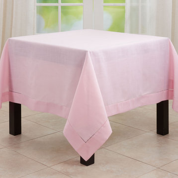 Tablecloth With Hemstitched Border Design, Pink, 90"x90"