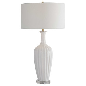 Elegant Fluted Gloss White Ceramic Table Lamp Round Mid Century