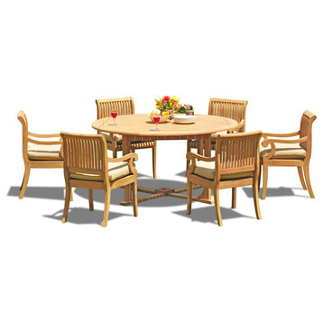 7-Piece Teak Set, 60" Round Table, 6 Giva Chairs, Sunbrella Cushion, Brass