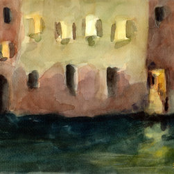 Yellow Windows At Night Venice Watercolor - Fine Art Prints