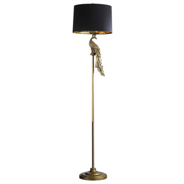 65" Burnished Gold Floor Lamp With Black Drum Shade