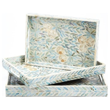 3-Piece Palawan Flower Mother of Pearl Lacquered Trays, MOP/MDF