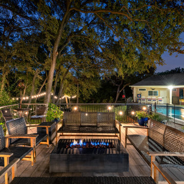 Backyard Pool and Outdoor Living with Elevated Deck & Illuminated Creek Bed