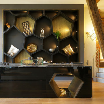 black and golden kitchen
