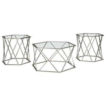 Ashley Furniture Madanere 3 Piece Glass Top Accent Coffee Table Set in Chrome